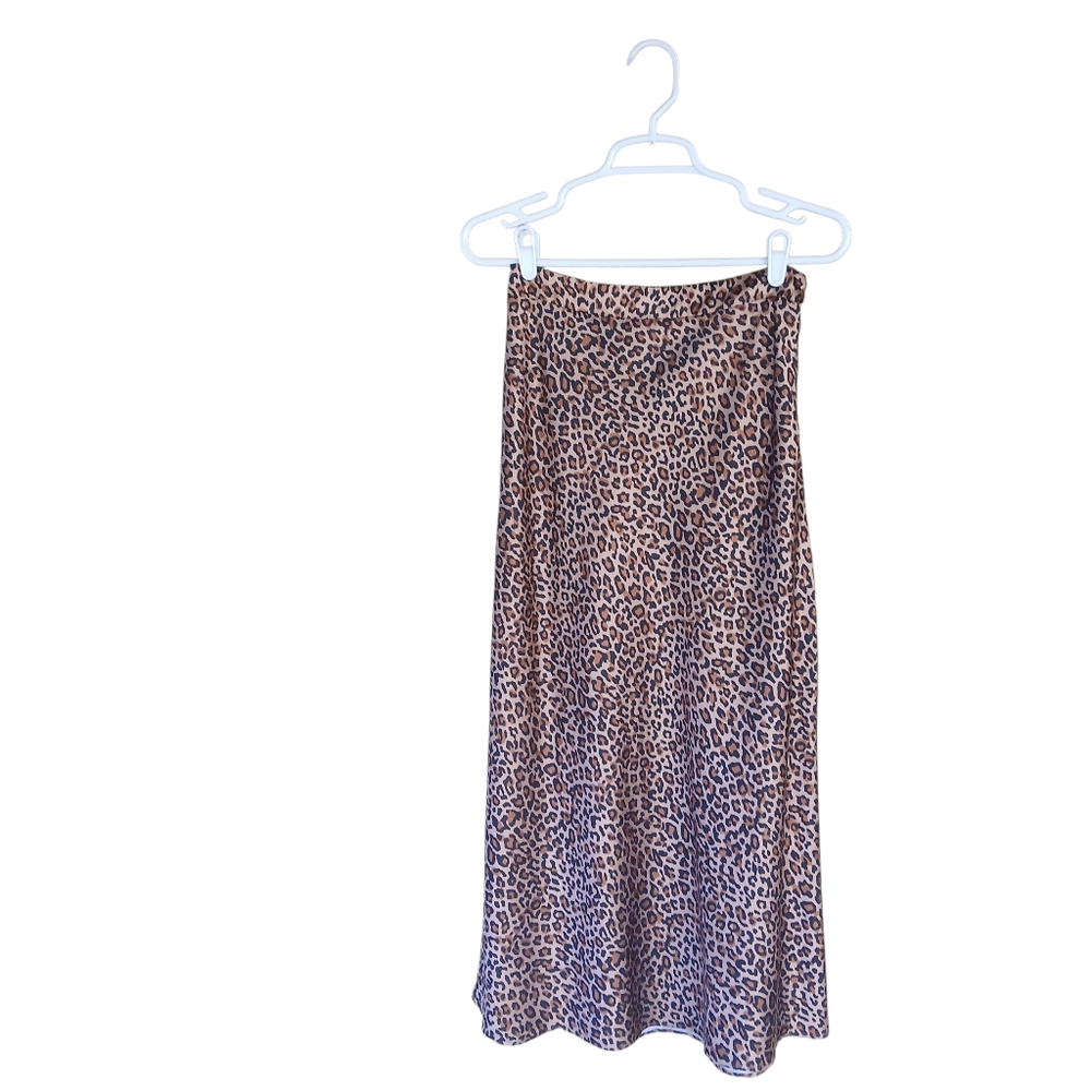 Something Navy Leopard Print A Line Satin Maxi Slip Skirt Small